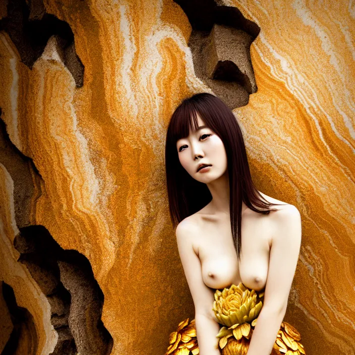 Prompt: Kodak Portra 400, 8K, soft light, volumetric lighting, highly detailed, Rena Nounen style 3/4 ,portrait photo of a Japanese ravishing Goddess by WLOP, the face emerges from a lava flowing gold travertine terraces with lotus flowers, inspired by Ophelia paint , a beautiful chic dress and hair are intricate with highly detailed realistic beautiful flowers , Realistic, Refined, Highly Detailed, ethereal lighting colors scheme, outdoor fine art photography, Hyper realistic, photo realistic, masterpiece