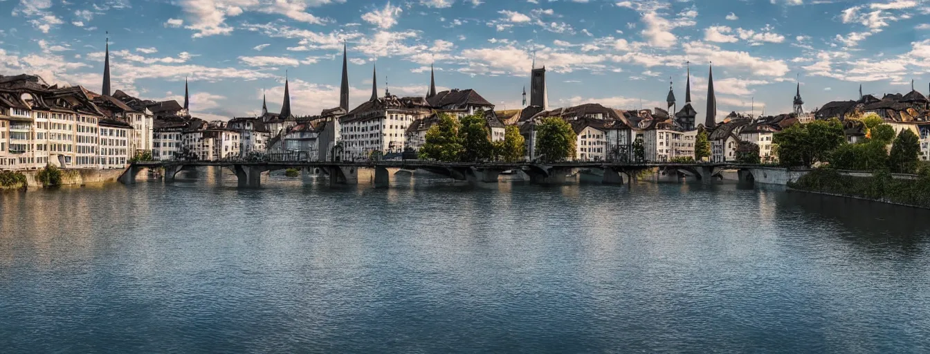 Prompt: Digital painting of Zurich, Limmat and the lake, wide angle, volumetric light, hyperdetailed, Alsp in the background, artstation, cgsociety, 8k