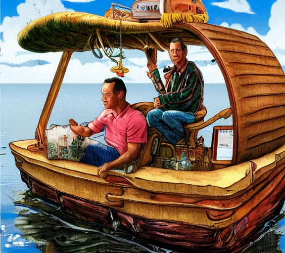 Image similar to Tom hanks as forrest gump sitting in a giant shrimp boat, majestic beautiful world, digital art, hyper detailed, artstation, in the style of maurice sendak