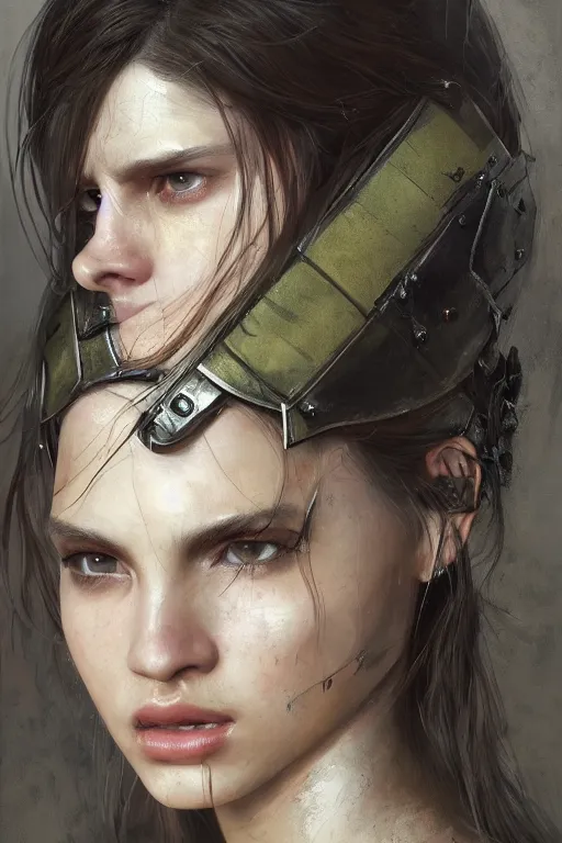 Image similar to a photorealistic painting of an attractive young girl, partially clothed in battle armor, olive skin, long dark hair, beautiful bone structure, symmetrical facial features, perfect eyes, intricate and elegant, digital painting, concept art, illustration, sharp focus, minimal artifacts, from Metal Gear, in the style of Ruan Jia and Mandy Jurgens, by Greg Rutkowski, trending on Artstation, award winning