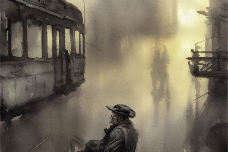 Image similar to small centered on watercolor paper, paint brush strokes, abstract watercolor painting of old man sitting on tram, poor and rugged, foggy dawn, morning dew, cinematic light, national romanticism by hans dahl, by jesper ejsing, by anders zorn, by greg rutkowski, by greg manchess, by tyler edlin