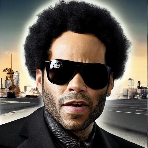 Prompt: lenny kravitz as men in black agent, detailed 8 k photorealistic portrait, imdb poster style