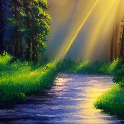 Image similar to forest, sun rays, with a river sparkling acryl painting 4 k