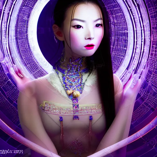 Image similar to photo shoot pose photo of beautiful Chinese ancient princess standing in the corridor in the space ship, symmetrical face, big eyes and lips, looking down, subtle makeup, clean face and body skin,ecstatic expression, ornamental jewelry and ancient translucent clothes, futuristic space ship interrior, wires with lights,depth of field, lens flares, dust in the air, moody lighting, moody photography, old photo, black and white, sepia, cinematic lighting, cinematic angle, editorial photography