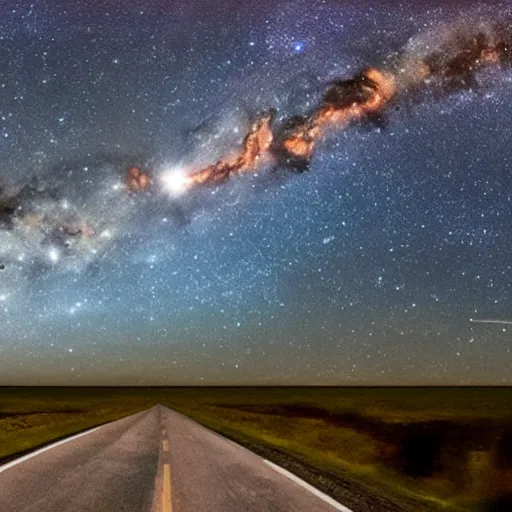 Prompt: country road view of the sky showing several planets in space at night