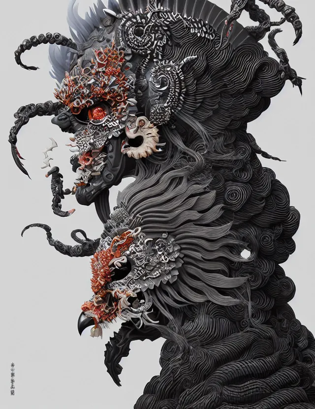 Image similar to 3 d goddess of hell close - up profile portrait with ram skull. beautiful intricately detailed japanese crow kitsune mask and clasical japanese kimono. betta fish, jellyfish phoenix, bio luminescent, plasma, ice, water, wind, creature, artwork by tooth wu and wlop and beeple and greg rutkowski