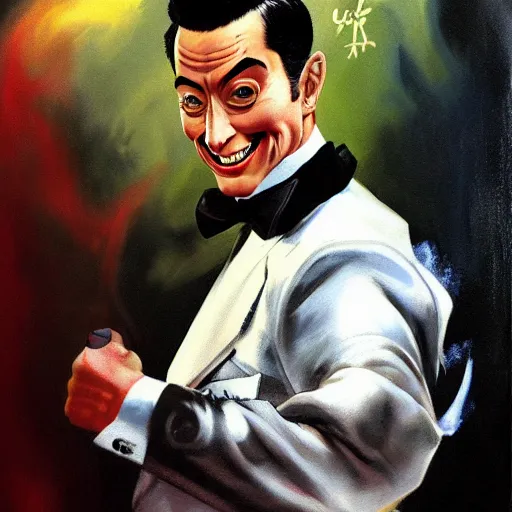 Prompt: ultra realistic pee wee herman as ryu from street fighter, painting by frank frazetta, 4 k, ultra realistic, highly detailed,