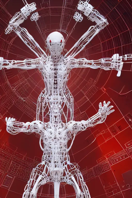 Prompt: space station interior white cross cross cross a statue jesus on cross made of red marble hands nailed to a cross perfect symmetrical body full body shot, inflateble shapes, wires, tubes, veins, jellyfish, white biomechanical details, wearing epic bionic cyborg implants masterpiece, intricate, biopunk, vogue, highly detailed, artstation, concept art, cyberpunk, octane render