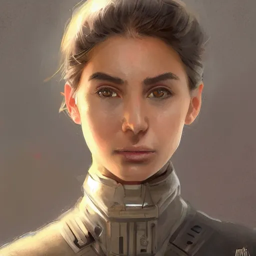 Image similar to Portrait of a woman by Greg Rutkowski, she is about 20 years old, round face, mixture turkish and russian, dark blonde hair with two strands around her face, attractive, sad and melancholy gaze, she is wearing a futuristic tactical space suit, highly detailed portrait, scifi, digital painting, artstation, concept art, smooth, sharp foccus ilustration, Artstation HQ.