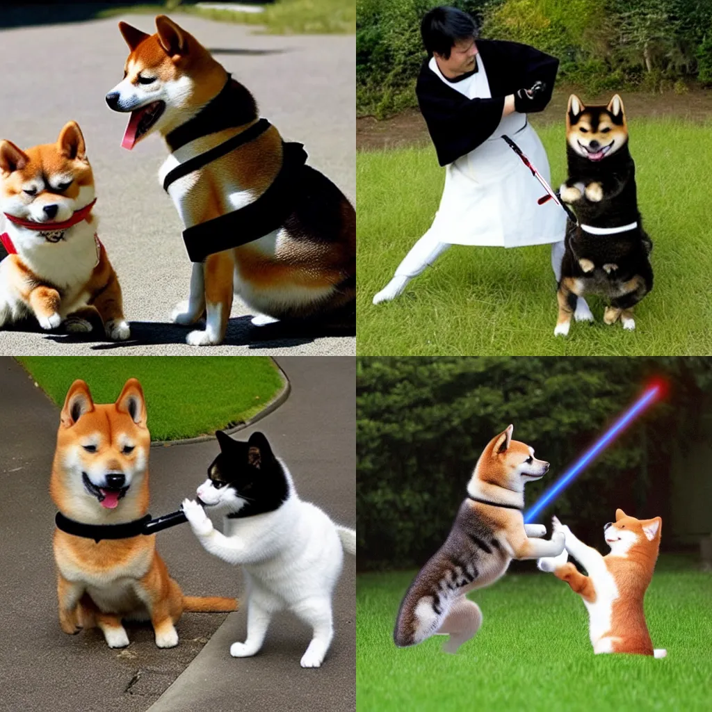 Prompt: Samurai shiba inu is fighting with scottish cat with lightsaber