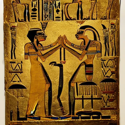 Image similar to ancient egyptian hieroglyphics with depiction of humans worshipping cats. high definition, gold plated, high contrast.