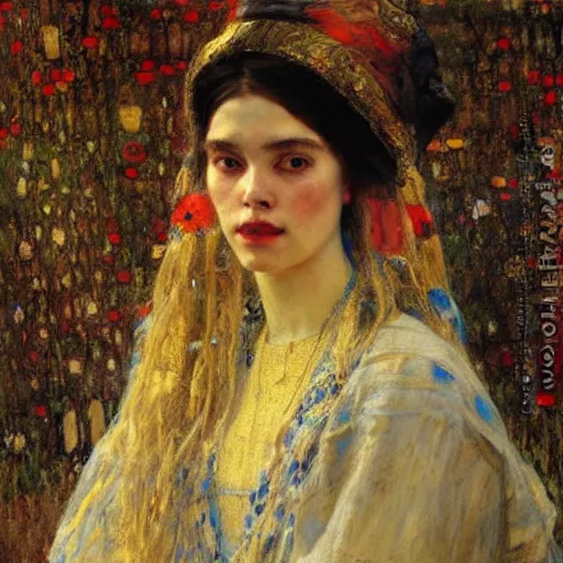 Image similar to Richard Schmid and Jeremy Lipking and Gustav Klimt portrait painting of a young beautiful woman priestess victorian orientalist in elaborate costume