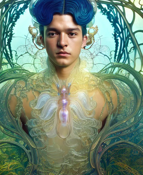 Image similar to intricate ornate opulent transparent clear see - through portrait of a beautiful male gundam alien sea slug, mottled coloring, adorable, childlike, overgrown jungle environment, ultra realistic, concept art, art nouveau, photorealistic, octane render, 8 k, unreal engine. art by christopher marley and artgerm and greg rutkowski and alphonse mucha