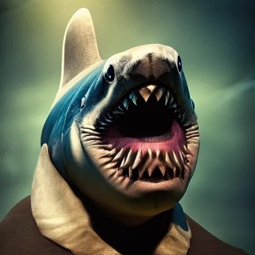 Image similar to portrait of king shark ,Grim fantasy, D&D, HDR, natural light, shoulder level shot, dynamic pose, award winning photograph, Mucha style 4k,