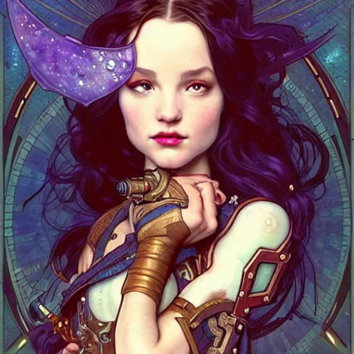 Image similar to full portrait of space pirate played by a woman who is a perfect mix of lalisa gray and dove cameron, fantasy, d & d, intricate, detailed, by by alphonse mucha, adolfo hohenstein, alice russell glenny, stanley artgerm lau, greg rutkowski, detailed, trending on artstation, trending on artstation, smooth