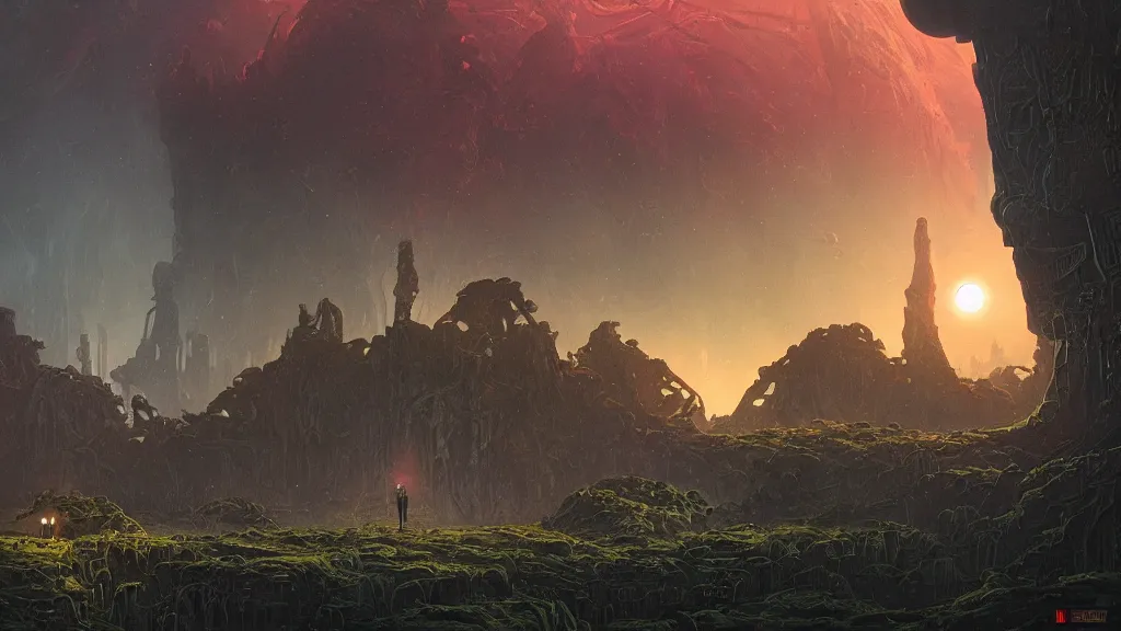 Prompt: eerie atmospheric alien planet with biomechanical plants and the ruins of civilization by les edwards and vincent di fate and anato finnstark, epic cinematic matte painting