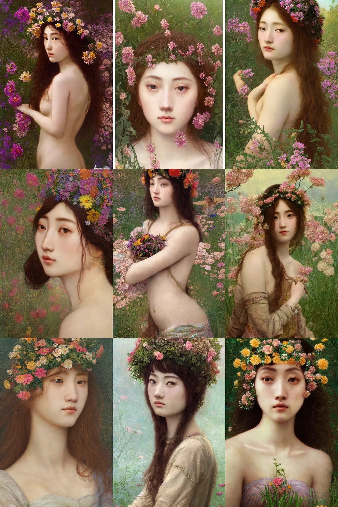 Prompt: Pre-raphaelite painting of a beautiful asian girl with freckles, wearing a flower headpiece, surrounded by big flowers, porcelain skin, cinematic lighting, photo realistic, highly detailed, maya, digital painting, artstation, concept art, sharp focus, illustration, by Mucha