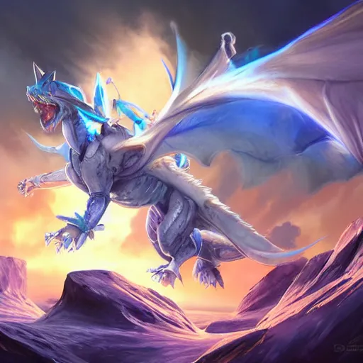 Prompt: a blue eye white dragon, yu - gi - oh card game art, battlefield background, bright art masterpiece artstation. 8 k, sharp high quality artwork in style of jose daniel cabrera pena and greg rutkowski, concept art by tooth wu, blizzard warcraft artwork, hearthstone card game artwork, yugioh artwork