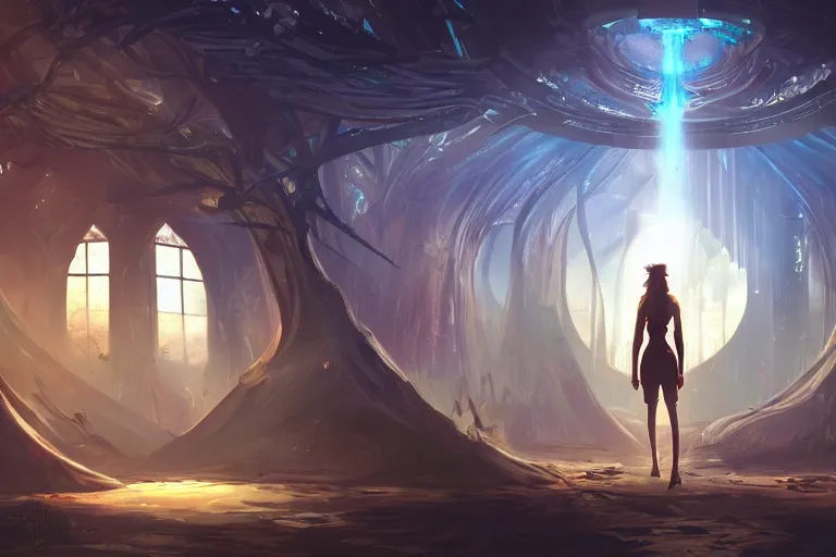 Image similar to a beautiful futuristic god queen exploring the interior of an old abandoned sci - fi marketplace an old oak tree grows inside the courtyard golden rays of sunlight enter through the window old red neon lights digital art trending artstation