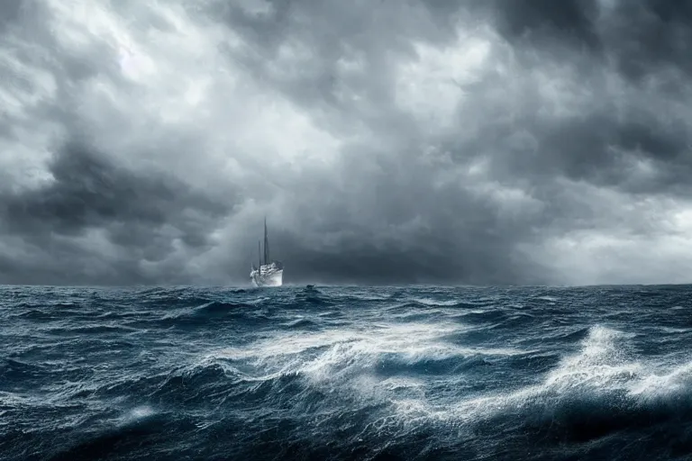 Image similar to a photo of a ship sailing a stormy sea, atmospheric, horror, award - winning photograph, highly detailed shot, cinematic, 8 k uhd