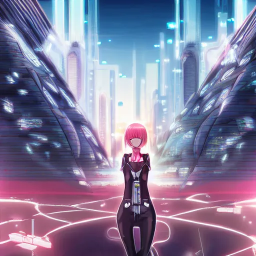 Prompt: Beautiful cyborg anime girl with a futuristic city in the background, anime style, digital art