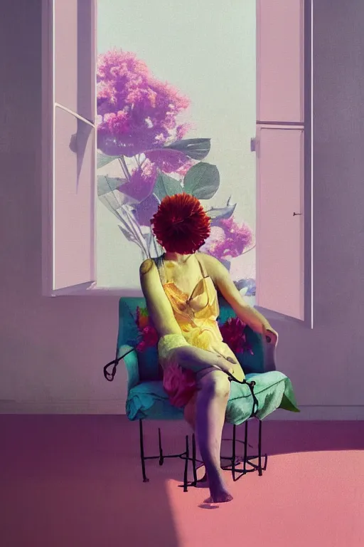 Prompt: closeup, gigantic flower head, white woman sitting on lounge chair by a modern window, surreal photography, studio light, impressionist painting, digital painting, artstation, simon stalenhag