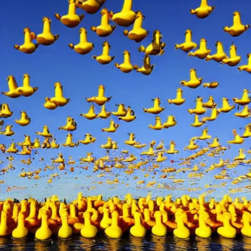 Image similar to photograph of rubber ducks flying in the sky