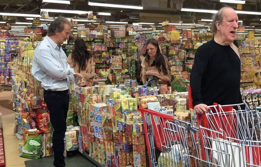 Prompt: paparazzi photo of werner herzog shopping at trader joe's