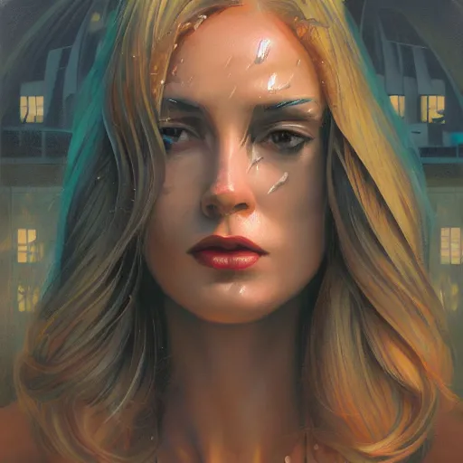 Prompt: detailed face of a woman, clockwork, moment, tectonic sky, skydome, bullet train, turbines, utopian, tech noir, wet reflections, prism, atmospheric, ambient, pj crook, syd mead, livia prima, artgerm, greg rutkowski, nick alm, casey baugh, blonde, spectrum