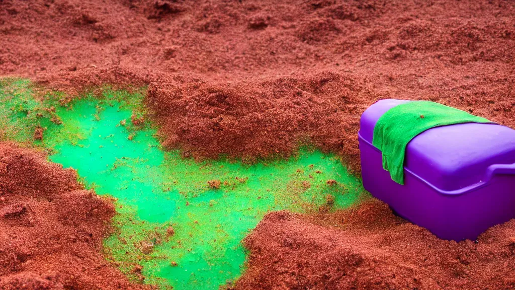 Image similar to purple refrigerator, red sand beach, green ocean, nebula sunset