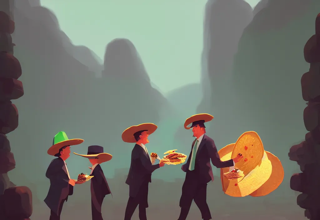 Image similar to donald trump dressed in poncho and sombrero holding a taco, presidental elections candidates, cnn, fox news, fantasy, by atey ghailan, by greg rutkowski, by greg tocchini, by james gilleard, by joe gb fenton, dynamic lighting, gradient light green, brown, blonde cream, salad and white colors in scheme, grunge aesthetic