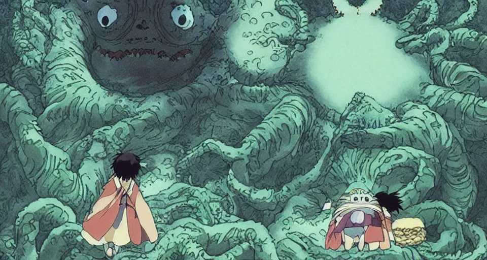 Image similar to Japanese Anime movie, A scene from a Ghibli movie, Totoro looking like Cthulhu.