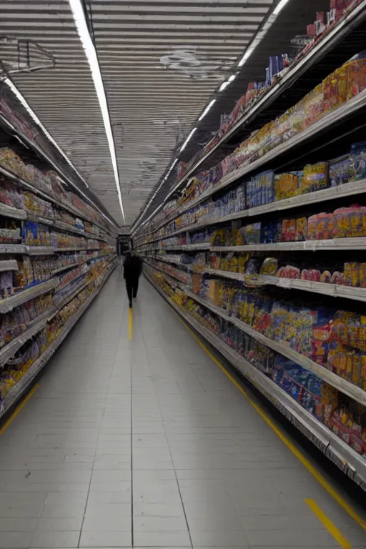 Prompt: movie still of empty WalMart aisles filmed by Denis Villeneuve and Roger Deakins in the style of Blade Runner 2049, moody, sci fi, 4k, liminal space, high quality