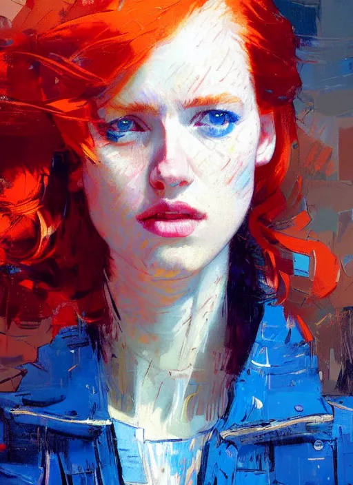 Image similar to portrait of a beautiful girl, redhead, shades of blue, warm colors, beautiful face, rule of thirds, intricate outfit, spotlight, by greg rutkowski, by jeremy mann, by francoise nielly, by van gogh, digital painting