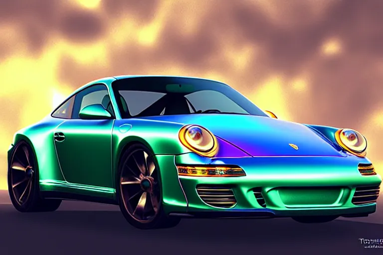 Image similar to iridescent Porsche 911, by Thomas Kincade, Richard Sigamani, 8k photorealistic, HD, high details, concept art, trending on artstation