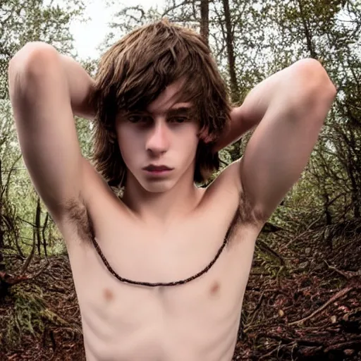 Image similar to a teenage boy, around 1 9 yo. choker necklace. natural brown hair. loincloth, pale skin. detailed face. ominous and eerie looking forest i'm background. natural colors.