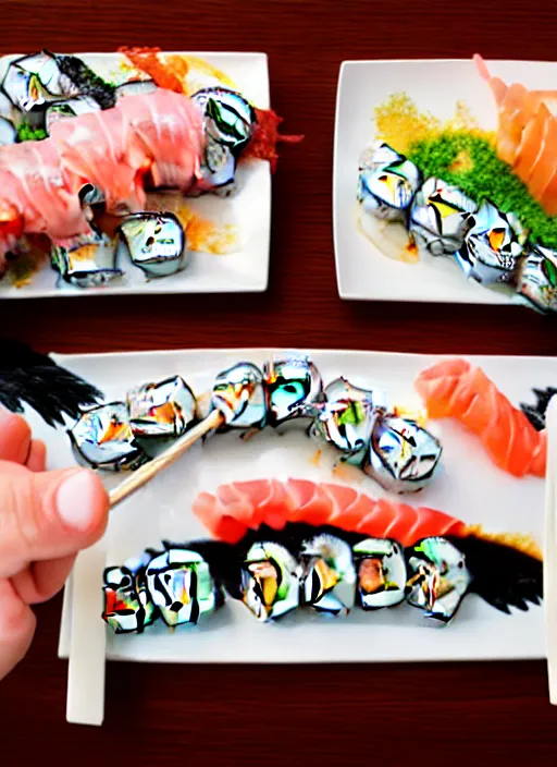 Image similar to clear photograph of cute cats eating sushi from sushi plates