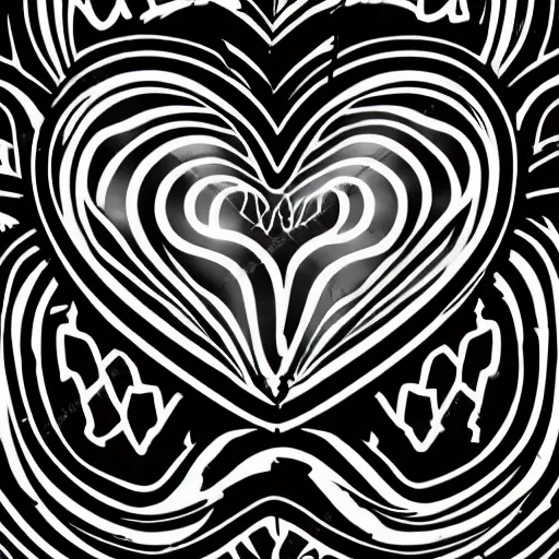 Image similar to clean black and white print, high contrast, logo of an heart with a stylized human body form _ inside