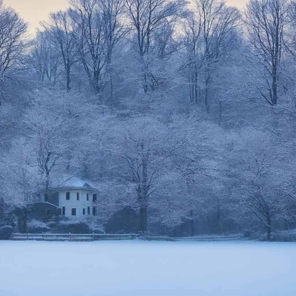 Image similar to landscape with house near forest and small pond, sunny winter evening, snowing, blizzard ambient, atmospheric, mystical, very detailed 4 k, professional photography