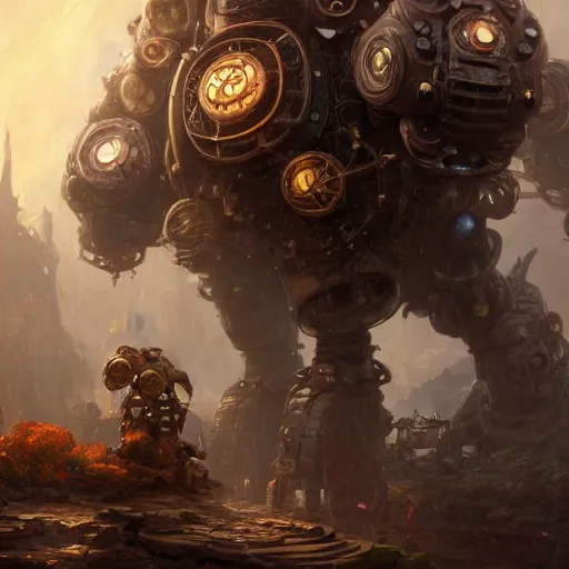 Prompt: a Steam powered mechanical golem, forward facing angle, studio background, concept art, character design, stunning 3d render , art by Tooth Wu and justin gerard and Blizzard studios, 8k octane beautifully detailed render, post-processing, extremely hyperdetailed, intricate complexity, epic composition, grim yet sparkling atmosphere, masterpiece, trending on artstation