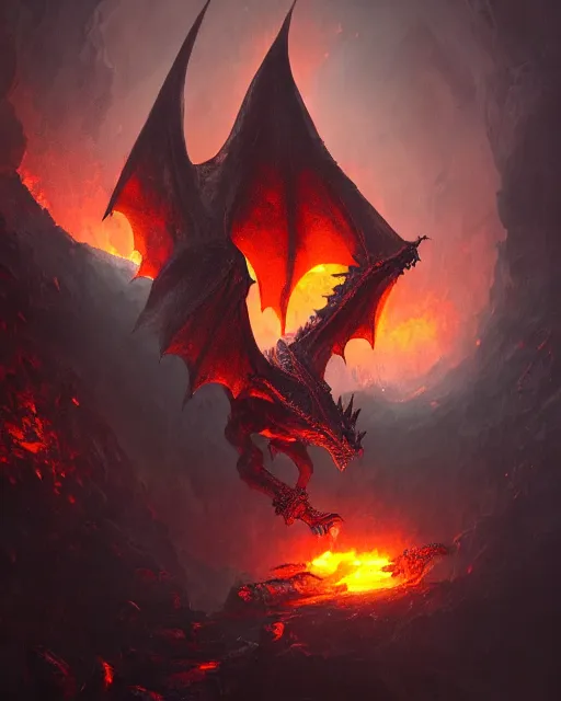 Prompt: fantasy dragon in a lava dungeon , by Greg Rutkowski and craig mullins, 8k photorealistic, cinematic lighting, HD, high details, dramatic, atmospheric , trending on artstation