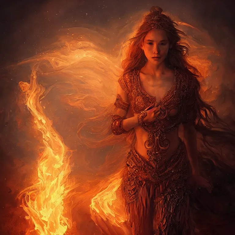 Image similar to Majestic painting of a beautiful young female fire goddess!!, intricate, epic, elegant, menacing, fantasy, highly detailed, digital painting, hard focus, beautiful volumetric lighting, epic light, ultra detailed, souls, smoke, by Leesha Hannigan, Ross Tran, Thierry Doizon, Kai Carpenter, Ignacio Fernández Ríos