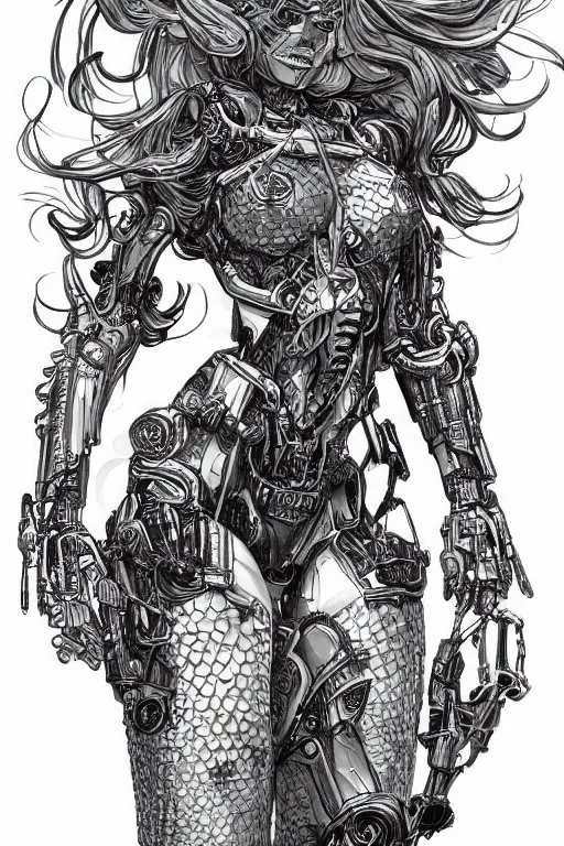 Prompt: full body illustration, mechanized latina female, cruel mermaid, highly detailed, sumi - e art, suiboku - ga ink, by kim jisu, pen and ink monochrome, mecha, deviantart, artstation, pinterest