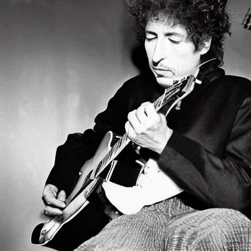 Image similar to bob dylan playing his guitar whilst sitting on a statue of king alfred, photograph