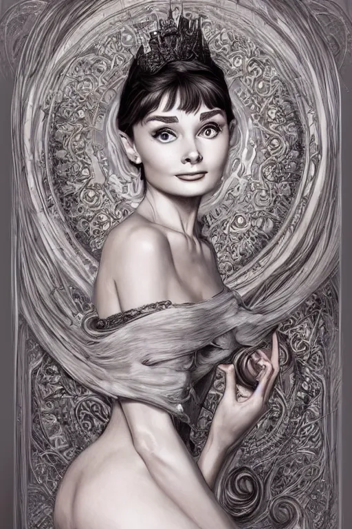 Image similar to audrey hepburn, cute, fantasy, intricate, elegant, highly detailed, digital painting, 4k, HDR, concept art, smooth, sharp focus, illustration, art by artgerm and H R Giger and alphonse mucha