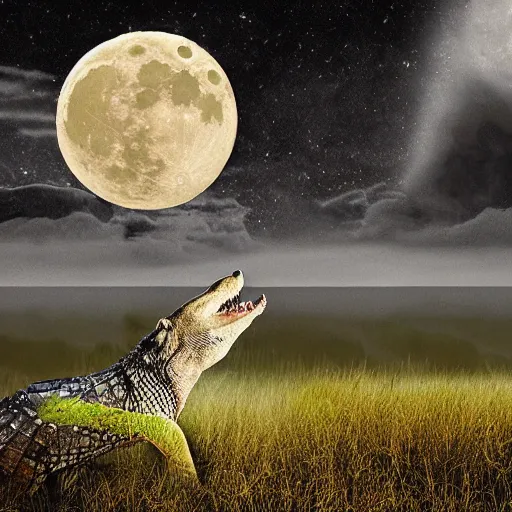 Prompt: photoshop of wolf with reptile scales instead of fur, a crocodile tail replacing the wolve's tail, photorealistic, yellowish moon overlooking misty swamp