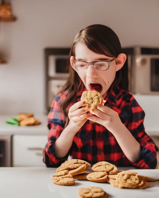 Image similar to high quality presentation photo of a real cute goblin eating cookies in a retro kitchen, photography 4k, f1.8 anamorphic, bokeh, 4k, Canon, Nikon