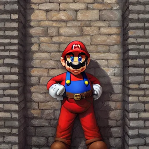 Prompt: man super mario is an rpg character, hiding behind a brick wall, dark mood, highly detailed, digital painting, artstation, illustration, art by artgerm and greg rutkowski and alphonse mucha