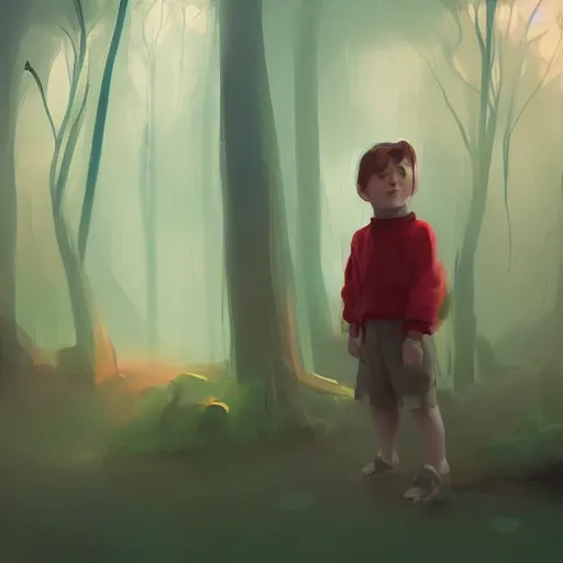 Image similar to a little boy lost in the magic woods, by elsa bleda, by ben enwonwu, by yanjun cheng, wide angle, concept art, artstation, cinematic, atmospheric, anamorphic, film