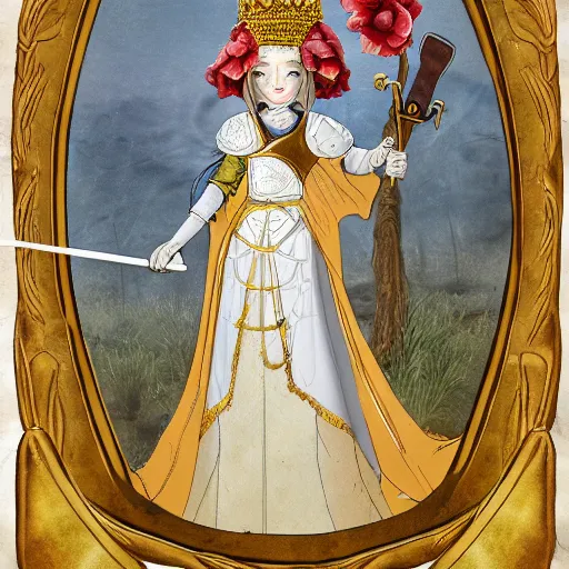 Prompt: an anthropomorphic poppy flower wears an iron breastplate with a gilded crown crest on it, holding a sword and shield as if she's ready for battle, standing next to a large tree stump that seems to be made out of white marble or stone, digital art